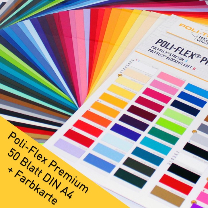 POLI-FLEX PREMIUM 50 Blatt DIN A4 Flexfolie + Farbkarte mit original Farbmuster jeder Farbe